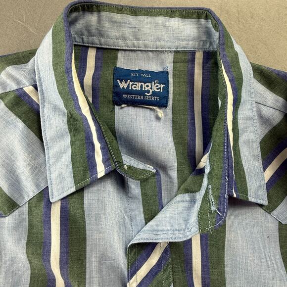 Vintage Wrangler Western Pearl Snap Shirt Mens XLT Tall Vertical Striped Green - Picture 3 of 14